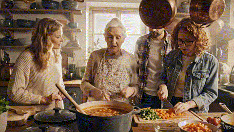 Young people learning cooking from elderly person